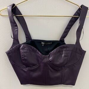 NWT Zara Deep Purple Vegan Leather Lined Boustier Crop Top